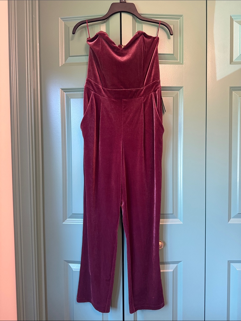 Express Velvet Strapless Jumpsuit in Burgundy